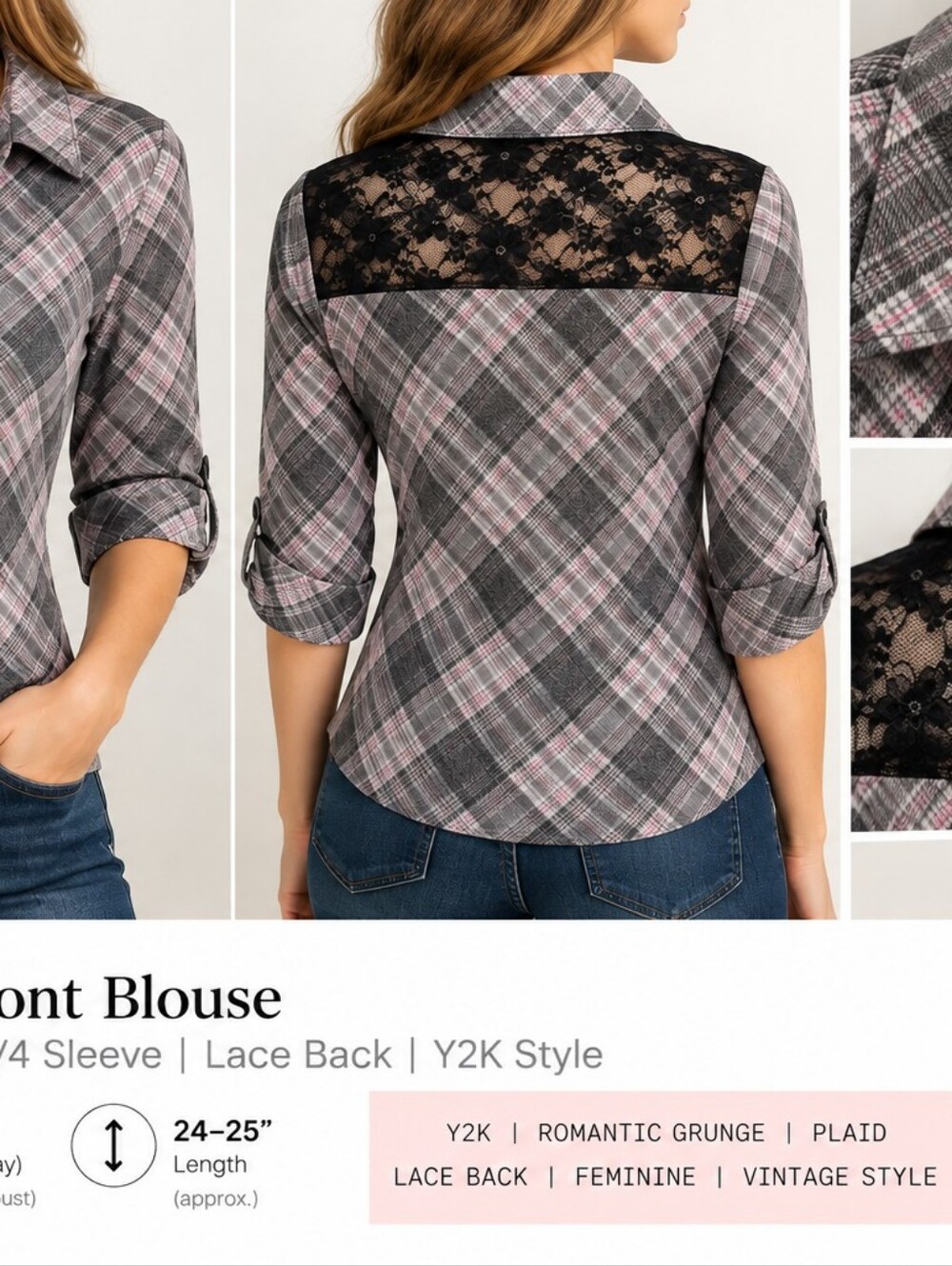 BONGO Gray & Pink Plaid Button-Down with Lace Yoke